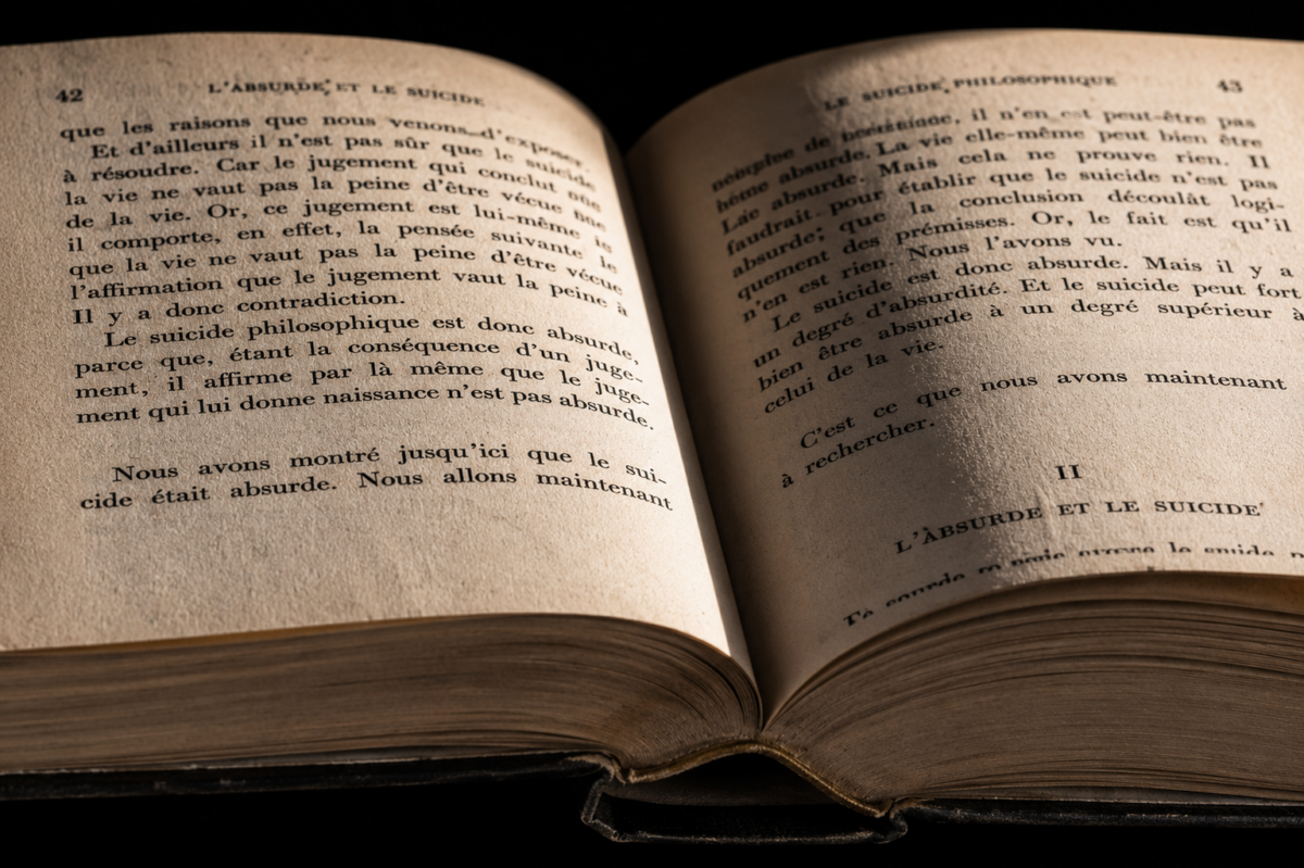 Un livre ouvert affichant des caractères anciens posé sur une table en bois brut sous une lumière focalisée.