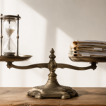 Une balance symbolique entre un sablier rempli de temps et une pile de dossiers médicaux.