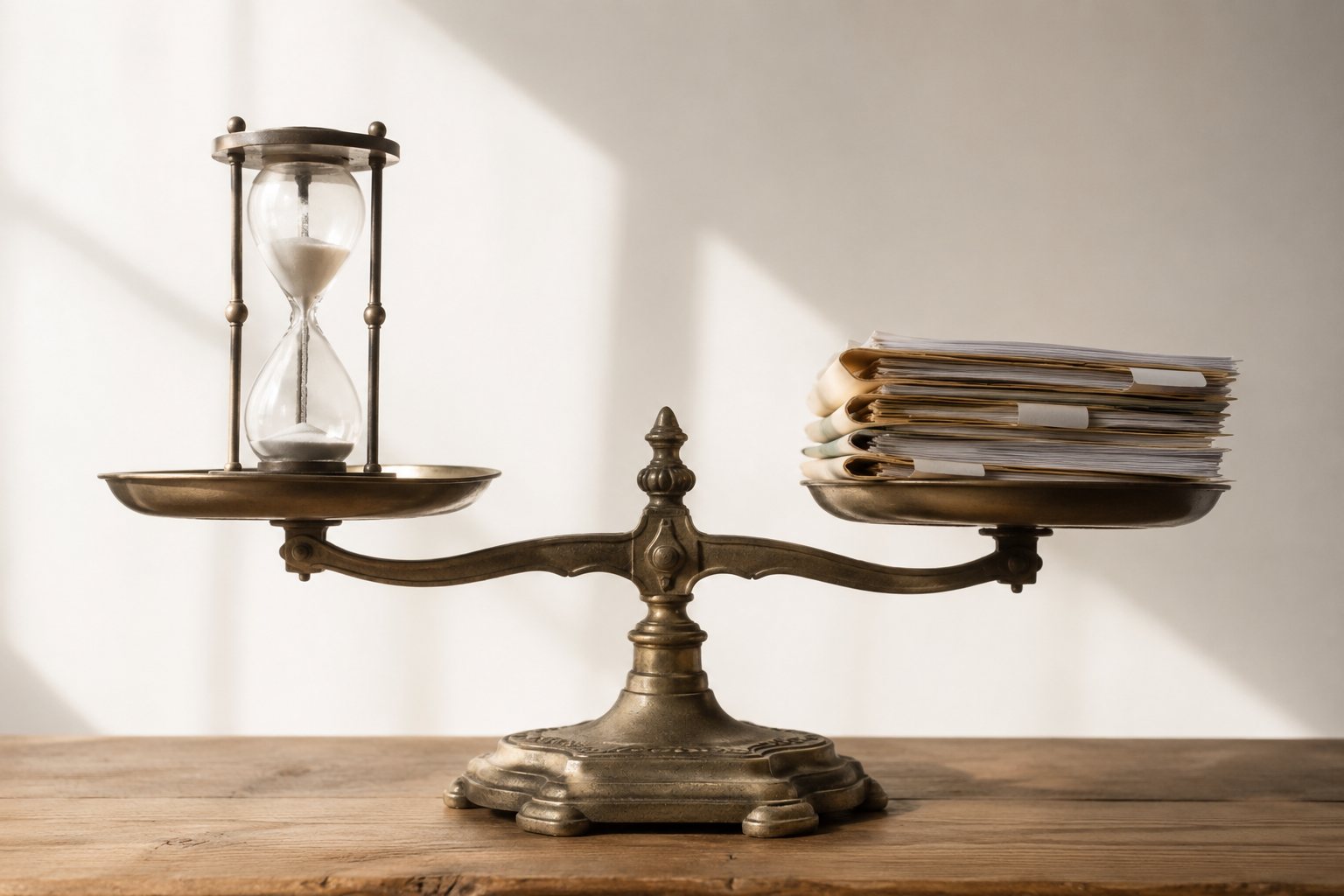 Une balance symbolique entre un sablier rempli de temps et une pile de dossiers médicaux.