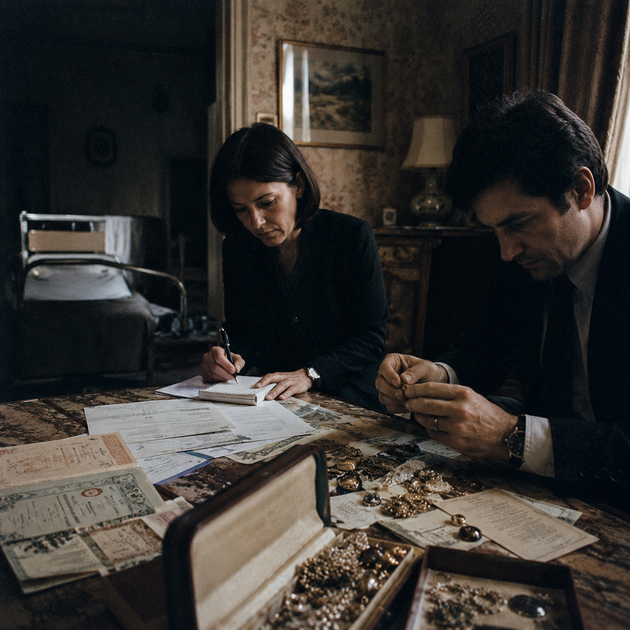 le détachement ou l'impatience des héritiers qui inventorient les biens avant même le décès officiel.