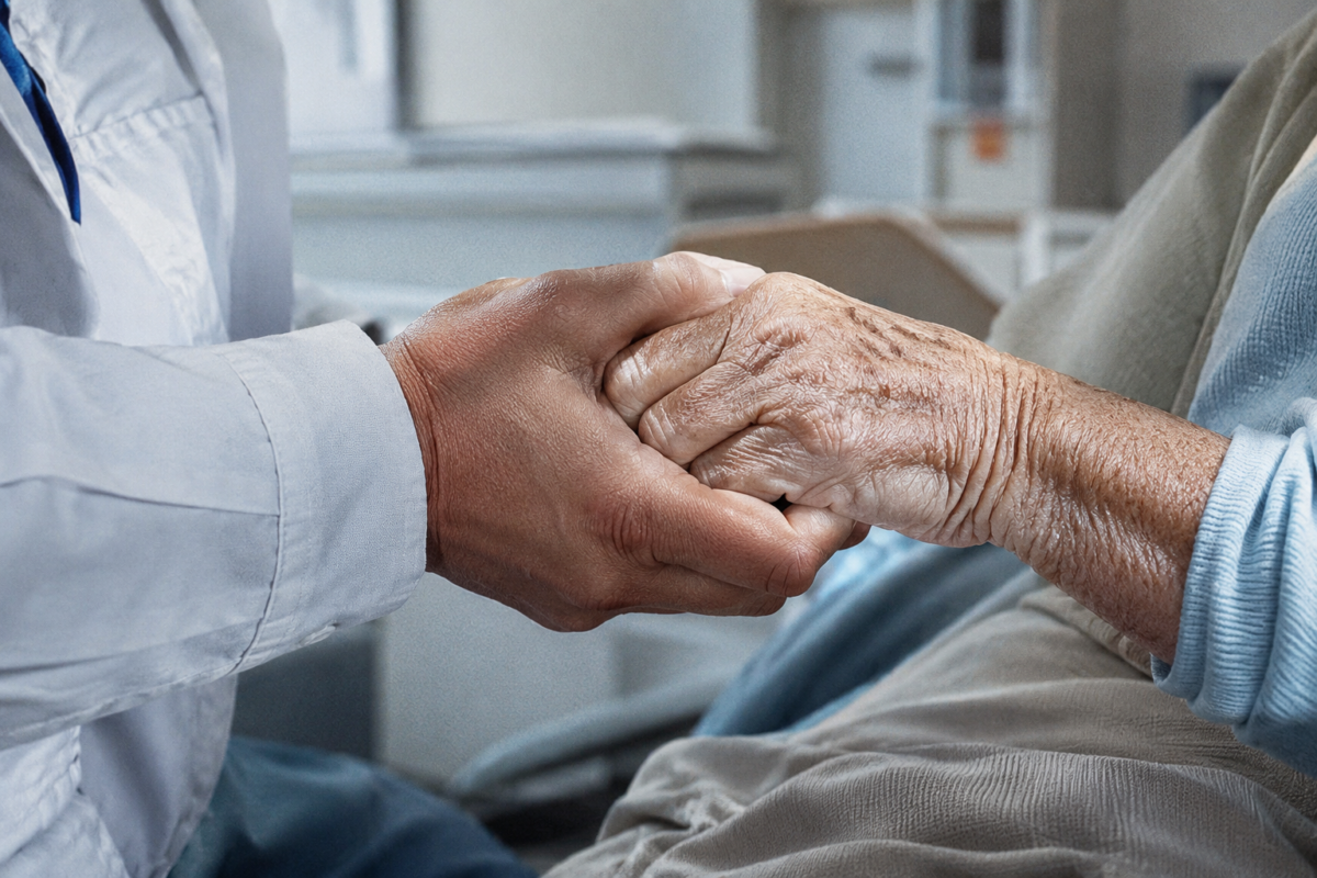 Gros plan de deux mains qui se serrent, l'une ridée d'un patient âgé et l'autre d'un soignant, baignées dans une lumière naturelle.