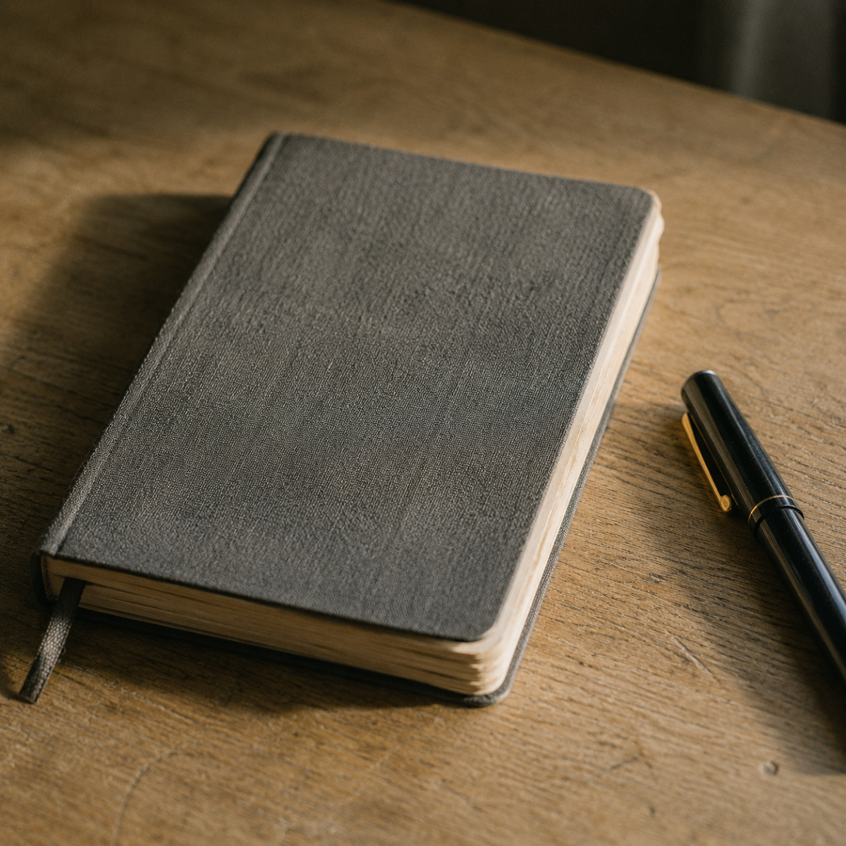 Carnet fermé et stylo sur une table en bois, évoquant le recueil silencieux des paroles intimes.