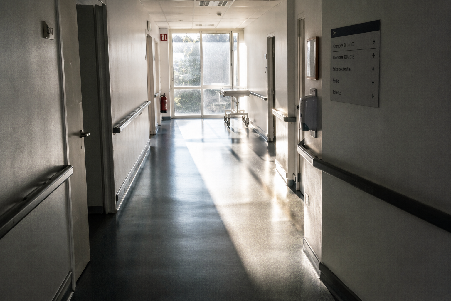 Perspective d'un couloir d'hôpital calme et dépouillé, baigné par la lumière du matin à travers une verrière.