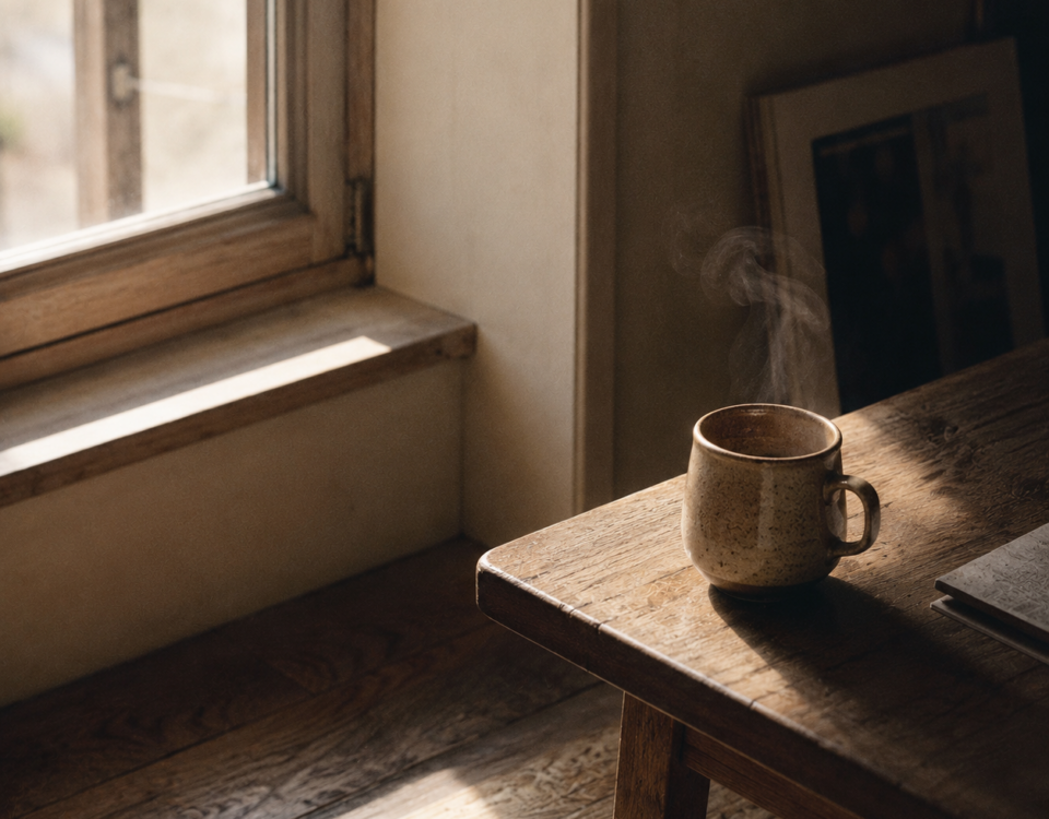 Tasse en céramique sur une table basse, baignée par la lumière du matin dans une atmosphère de calme et de vie.