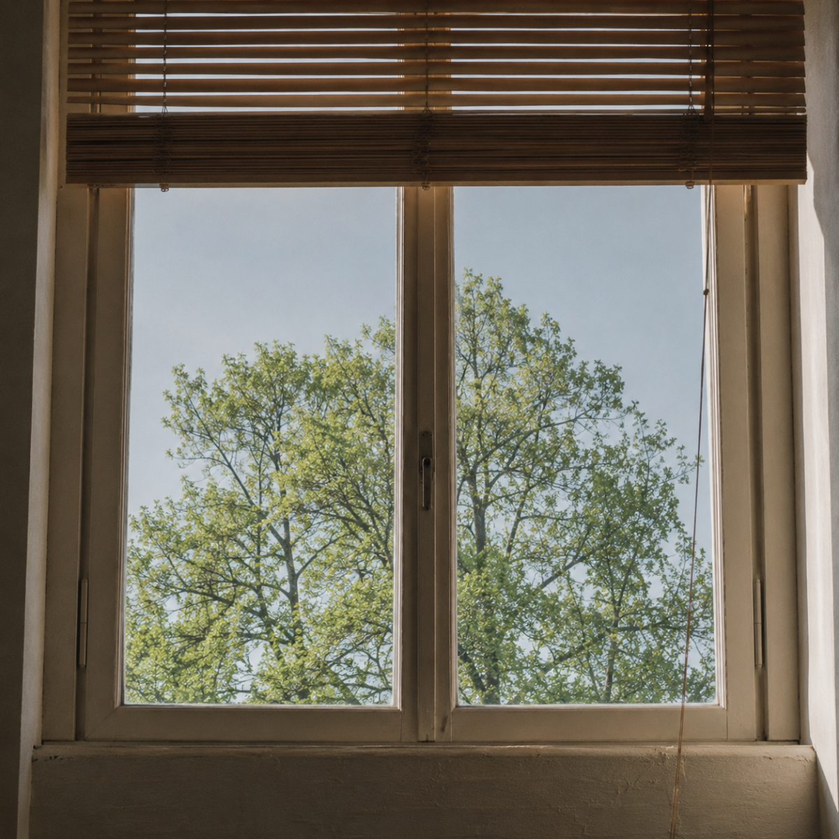 Vue extérieure d'un arbre à travers une fenêtre ouverte, symbolisant l'ouverture des soins palliatifs sur la vie extérieure.