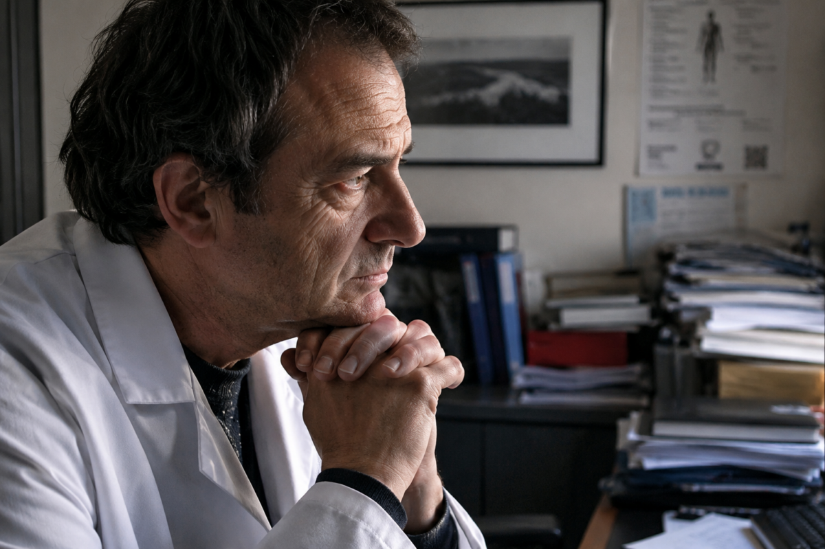Portrait de profil d'un médecin d'une cinquantaine d'années, le regard pensif tourné vers une fenêtre dans son bureau.