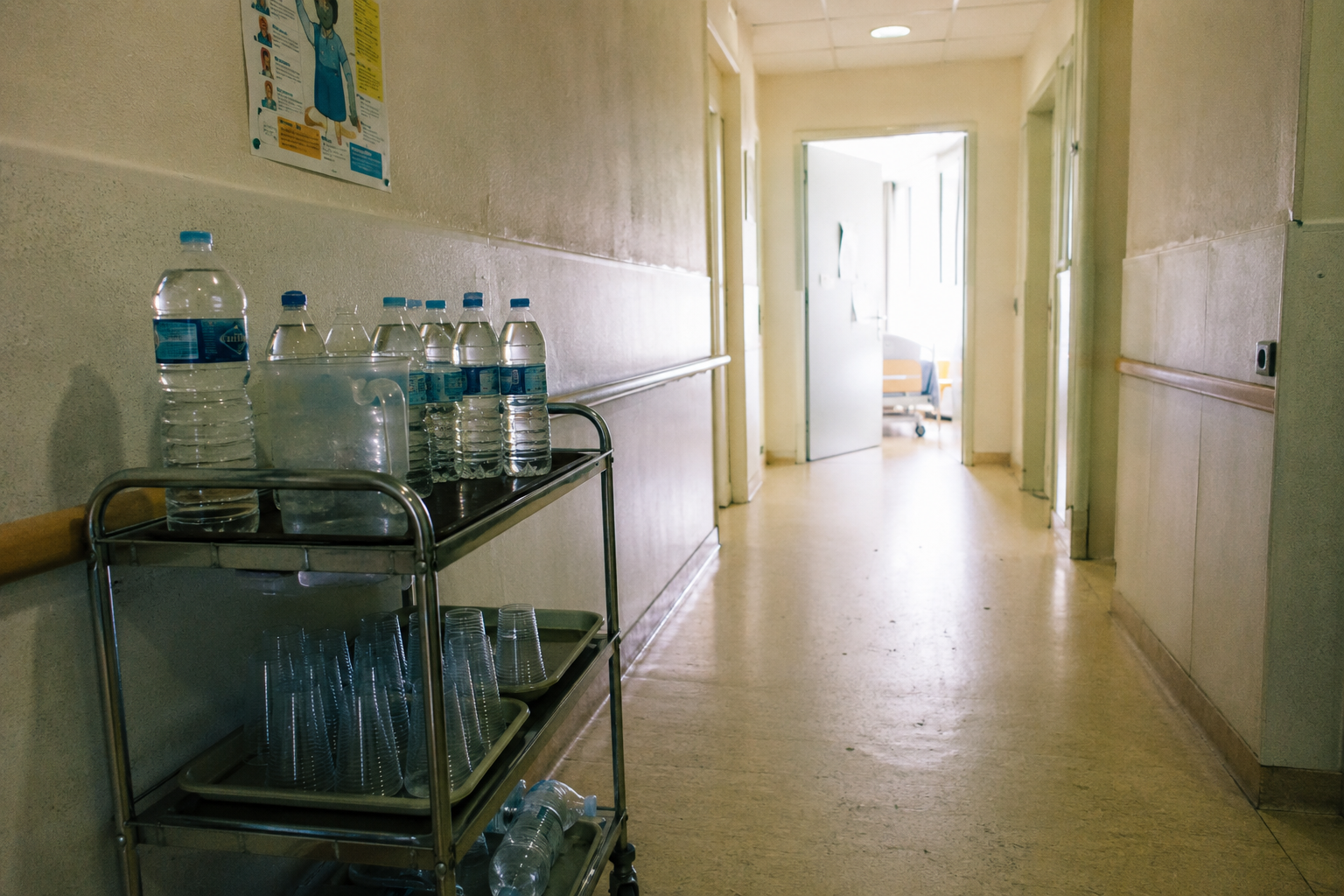 Chariot de bouteilles d’eau dans un couloir d’EHPAD pendant une période de canicule.