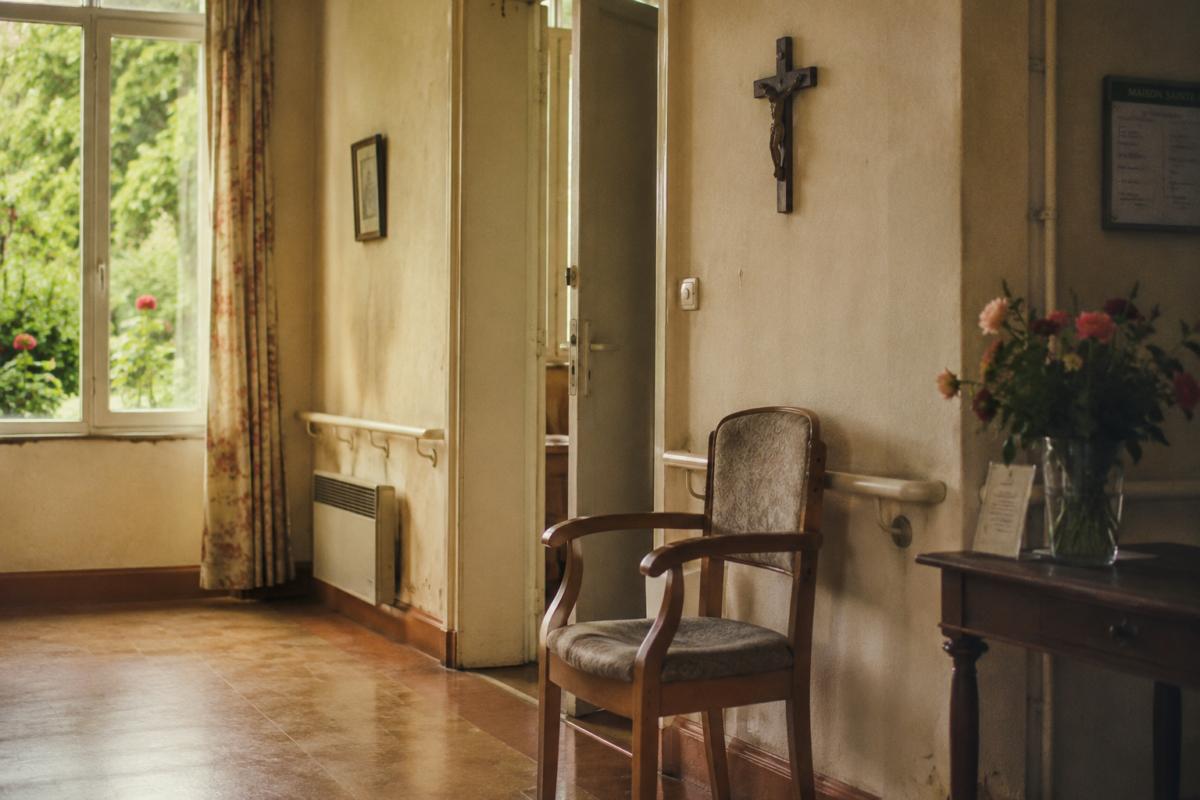 Couloir paisible d’une maison de retraite confessionnelle avec fauteuil, crucifix discret et lumière naturelle.
