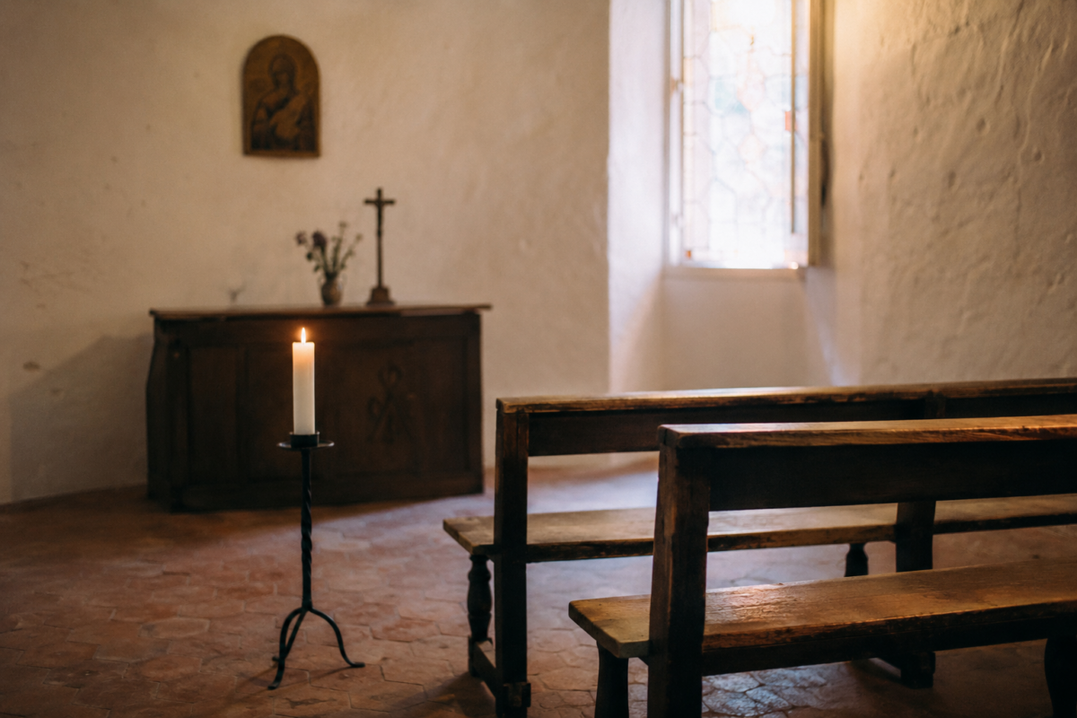 Petite chapelle sobre dans un établissement de soins avec bougie allumée et bancs en bois.