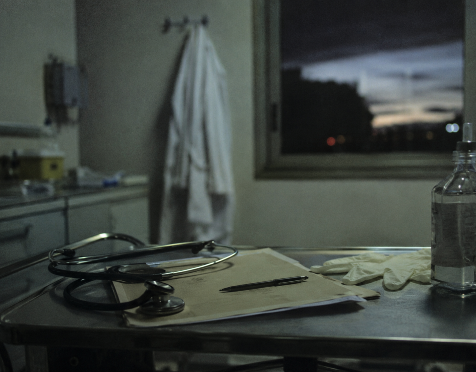 Table de soins avec stéthoscope, dossier médical et blouse suspendue dans une salle hospitalière.