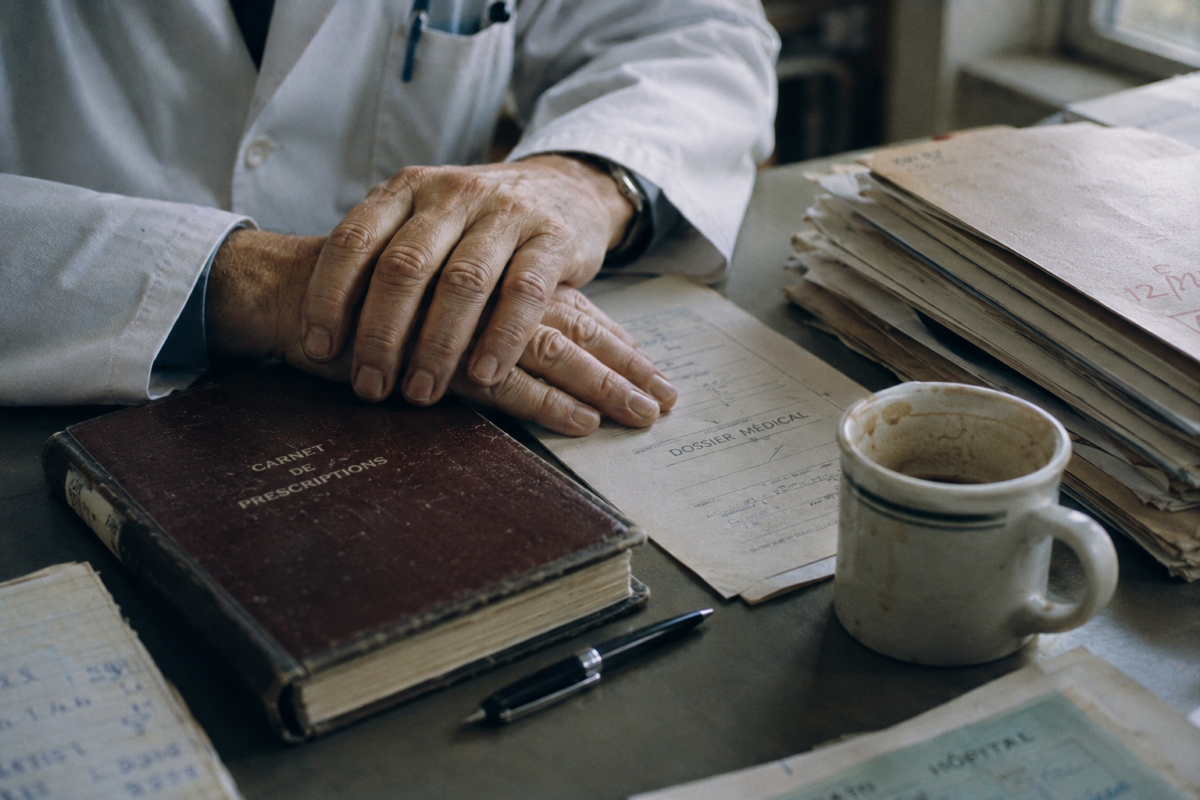 Mains d’un médecin immobiles sur un bureau avec dossiers, carnet fermé et tasse de café froide.
