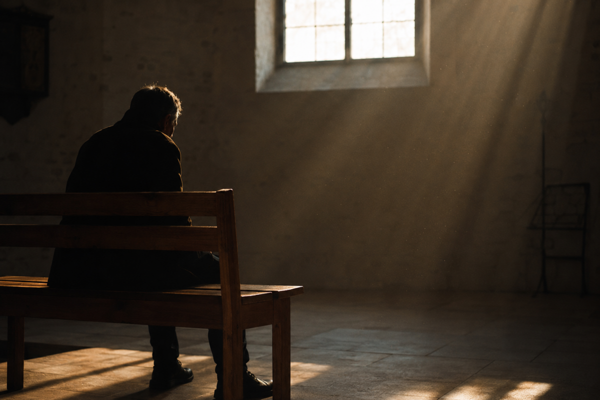 La silhouette solitaire d'une personne assise sur un banc dans une pièce sombre traversée de lumière.