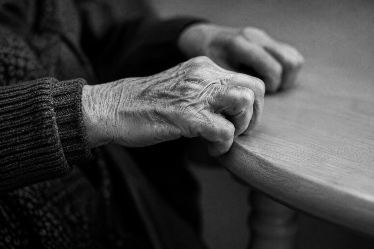 Des mains âgées et fragiles serrant le bord d'une table en bois.
