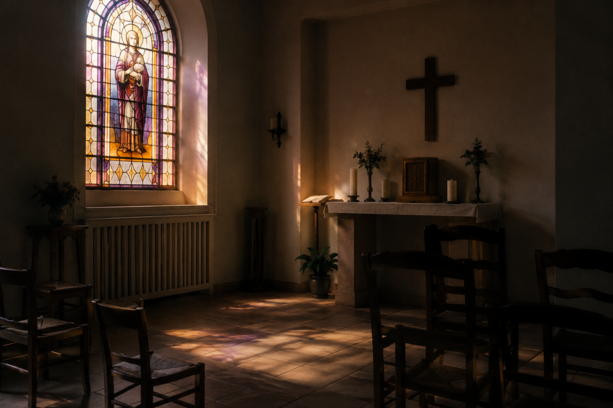 L'intérieur d'une chapelle d'hôpital baignée par la lumière d'un vitrail.