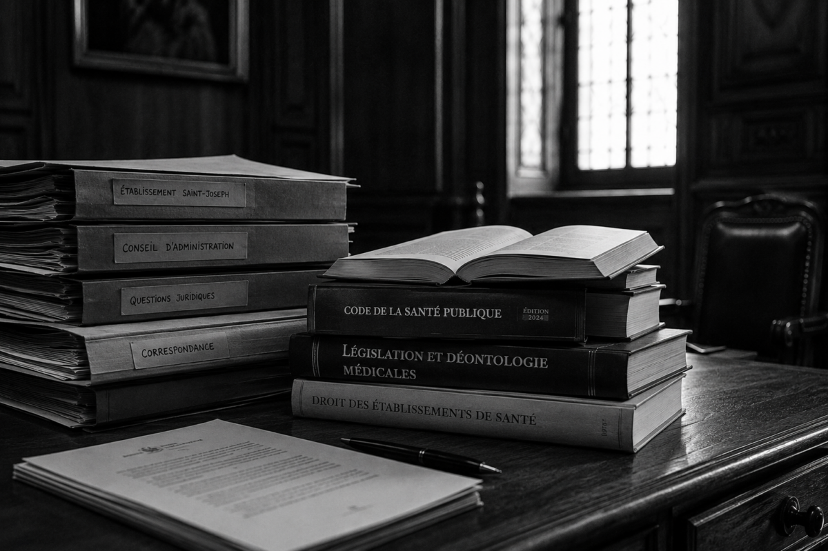 Des piles de dossiers et de textes juridiques sur un bureau en bois dans un bureau austère.