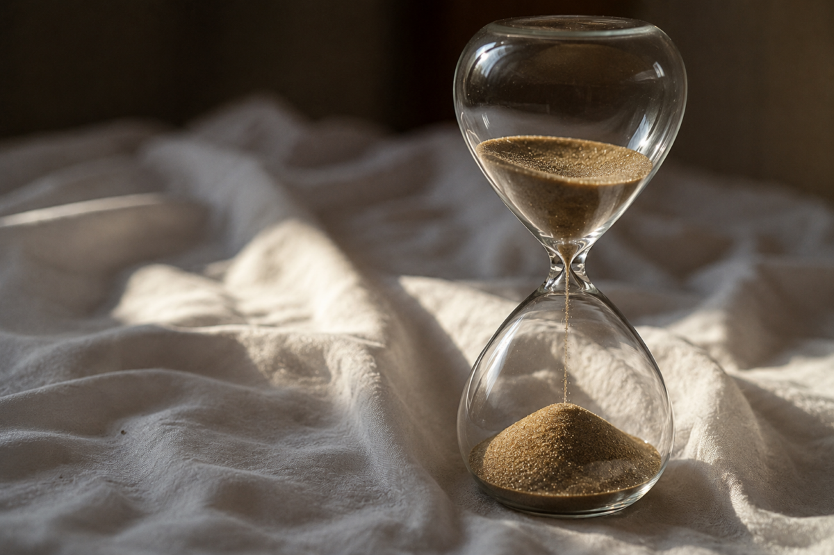 Un sablier en verre sur un drap blanc froissé avec de la lumière tamisée.