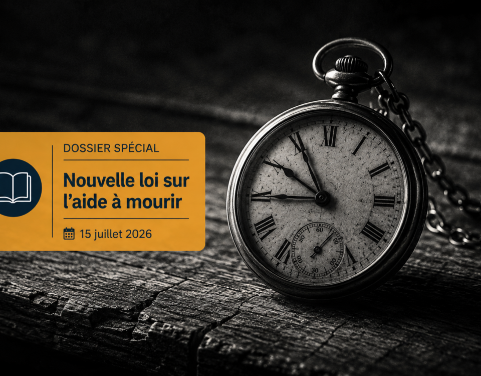 Une montre de gousset ancienne posée sur du bois brut, surmontée d'un bandeau informatif sur la loi de juillet 2026.