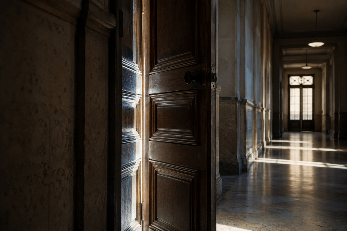 Une porte entrouverte dans un couloir institutionnel baigné d'une lumière rasante. Le sujet du délit d'entrave est sensible.