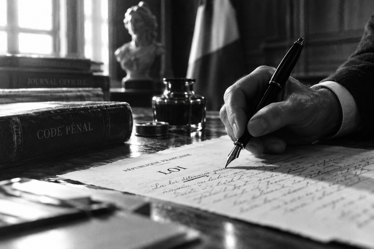 Une main écrivant à la plume sur un papier jauni sous une lumière tamisée. Le sujet du délit d'entrave est sensible.