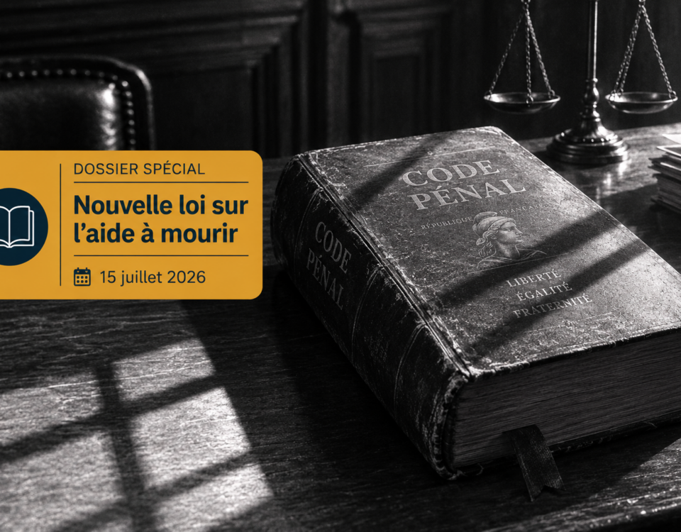 code pénal ancien posé sur un bureau en bois sous une ombre portée, surmonté d'un bandeau informatif sur la loi de juillet 2026.
