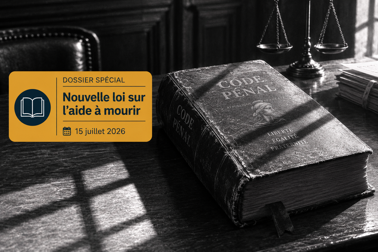 code pénal ancien posé sur un bureau en bois sous une ombre portée, surmonté d'un bandeau informatif sur la loi de juillet 2026.