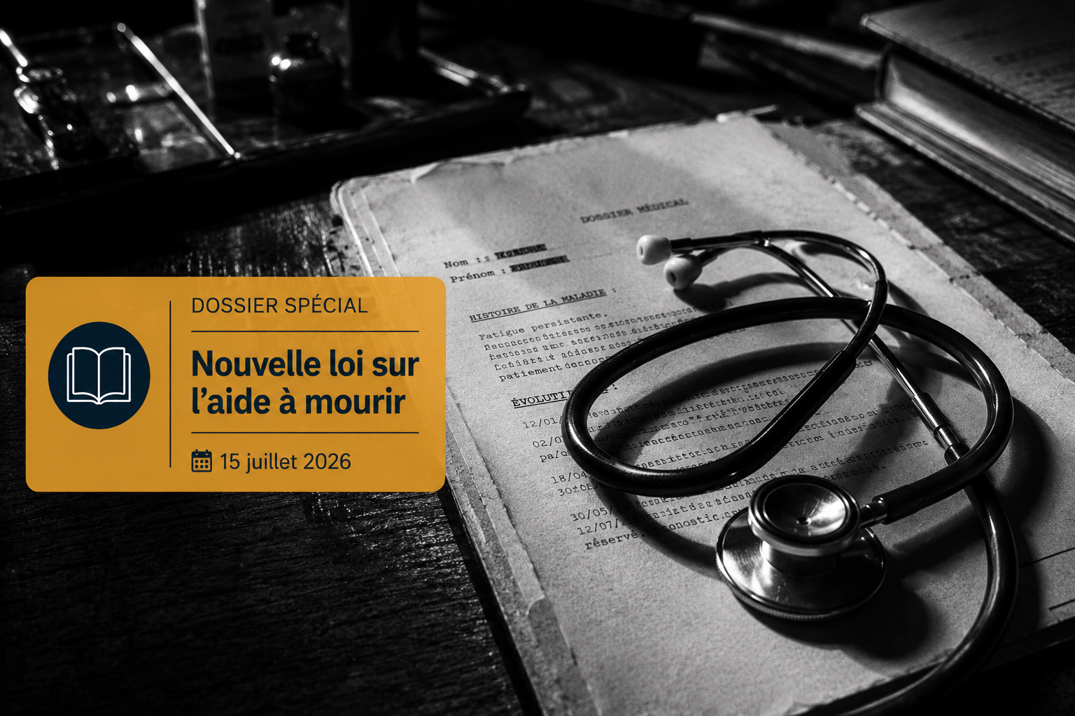 Un stéthoscope et un dossier médical sur une table de consultation, surmontés d'un bandeau informatif sur la loi de juillet 2026.