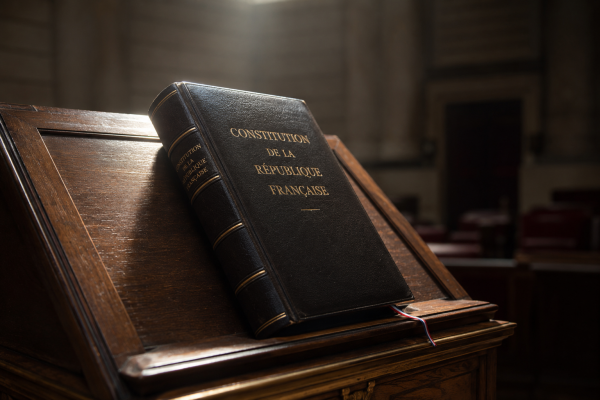 Un recueil de la Constitution française posé sur un pupitre en bois sous une lumière zénithale.