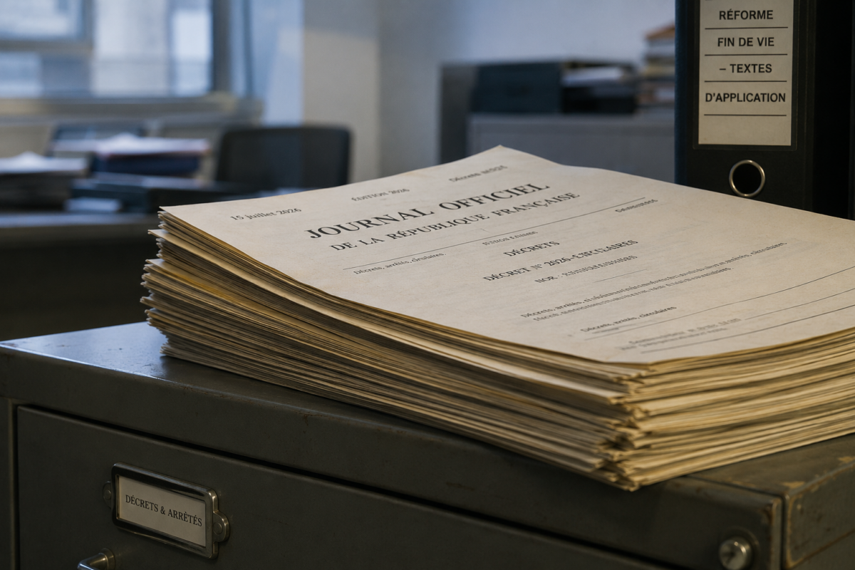 Une pile de documents officiels posée sur un meuble métallique sous une lumière froide.