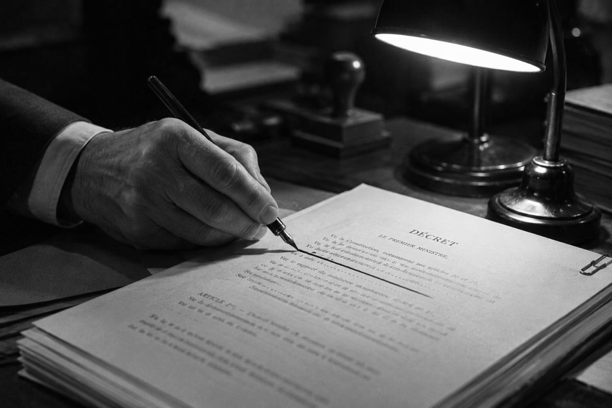 La main d'un fonctionnaire traçant une ligne à l'encre sur un document officiel.