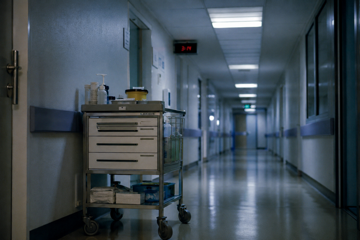 Un chariot de soins en métal dans un couloir d'hôpital désert baigné d'une lumière froide.