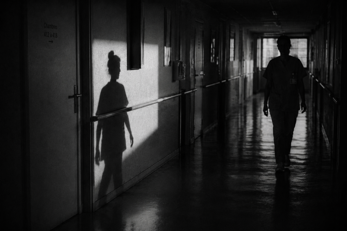 L'ombre de deux soignants se croisant dans un couloir d'hôpital sombre.