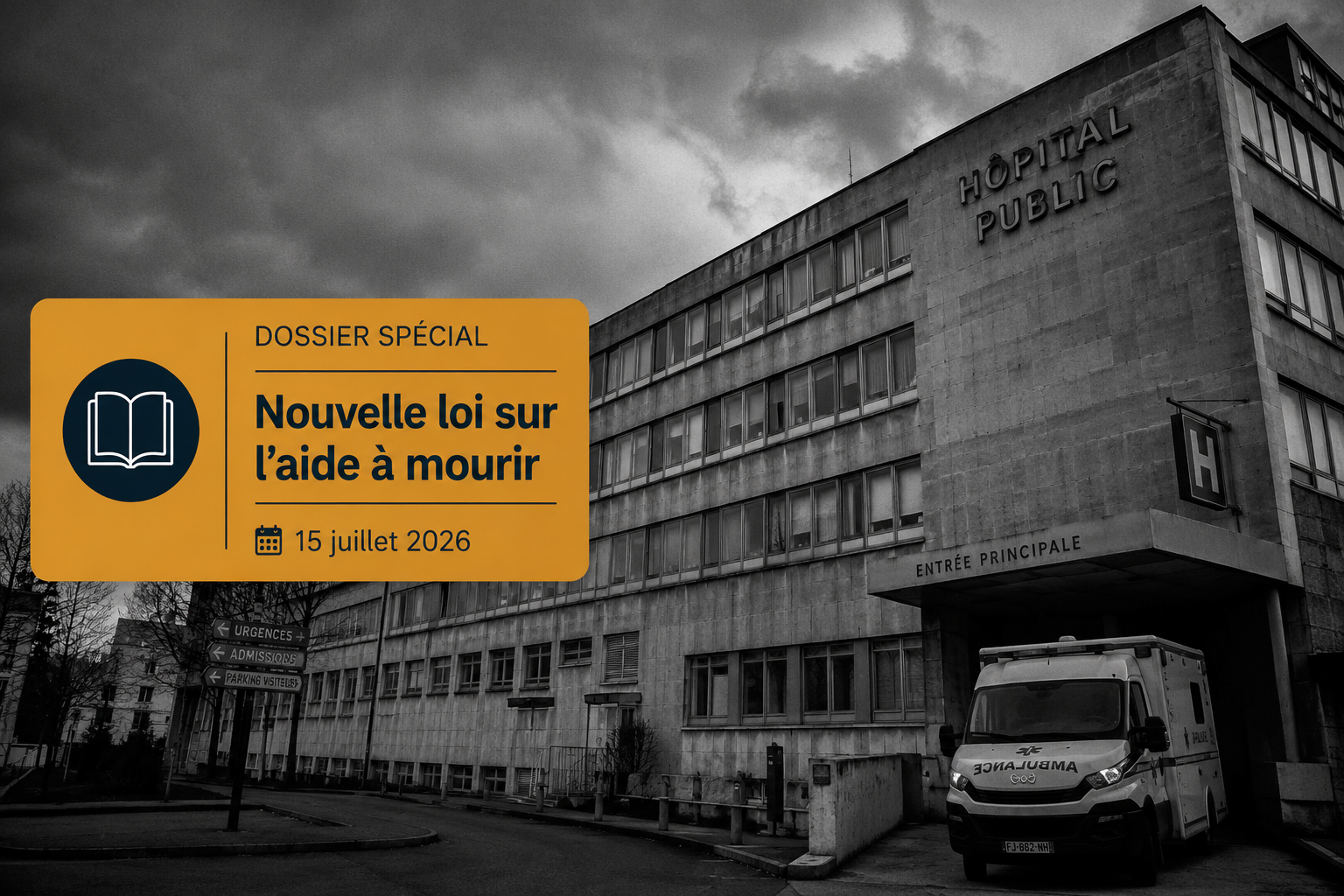façade d'un hôpital public sous un ciel lourd, surmontée d'un bandeau informatif sur la loi de juillet 2026.