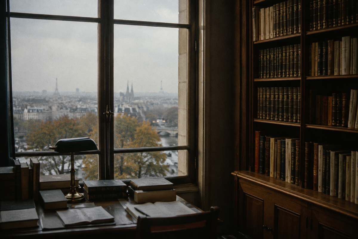 Une grande fenêtre de bibliothèque donnant sur un paysage urbain brumeux sous une lumière d'automne.