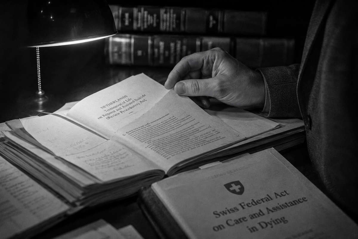 La main d'un chercheur consultant des documents d'archives sous la lumière d'une lampe de table.