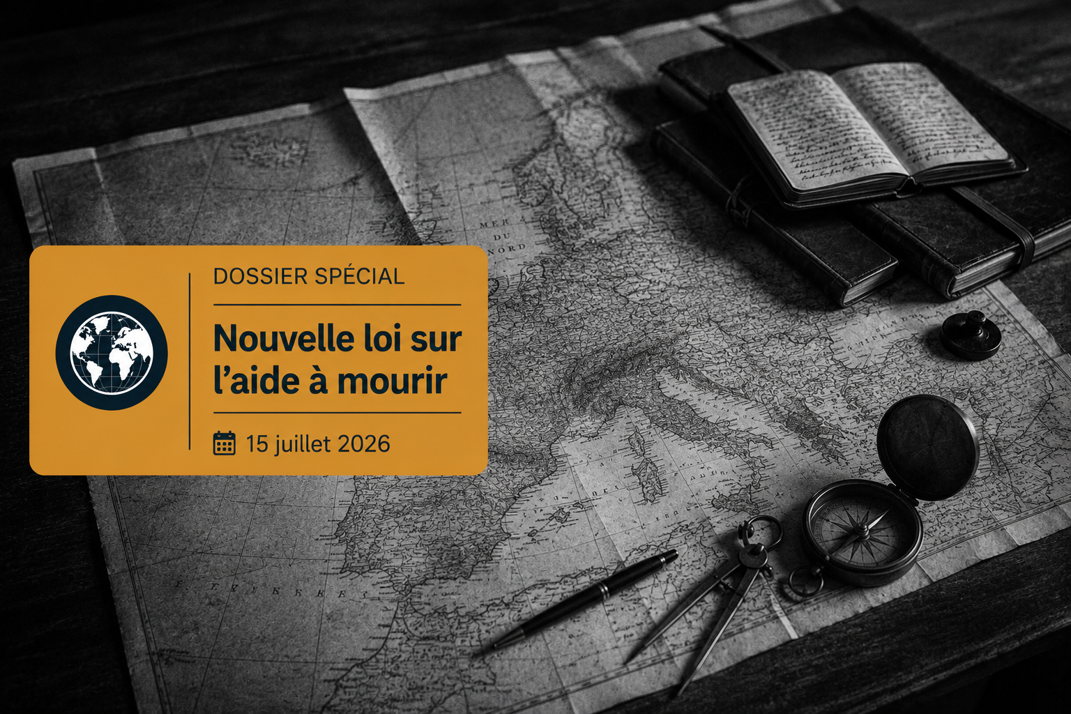 Une vieille carte géographique européenne déployée sur une table en bois avec des instruments de mesure.