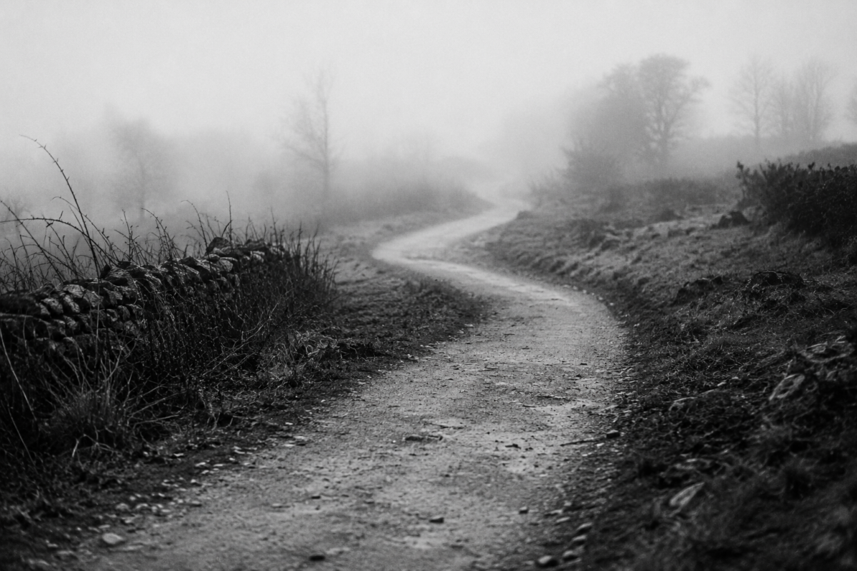 Un chemin de traverse sinueux s'enfonçant dans la brume sous un ciel d'hiver.