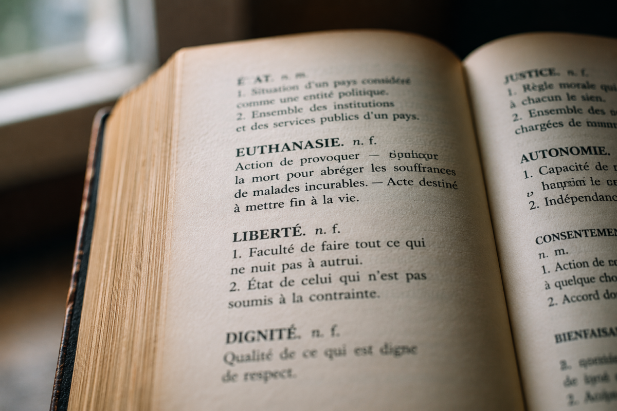 Gros plan sur les pages d'un dictionnaire ancien baigné d'une lumière douce.