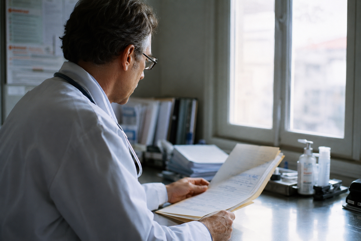 Un médecin de dos consultant un dossier médical près d'une fenêtre de consultation.