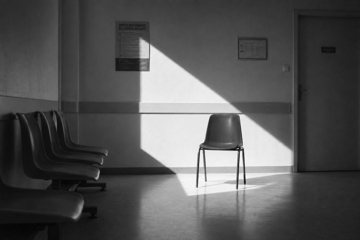 Une chaise vide au centre d'une salle d'attente baignée de lumière.