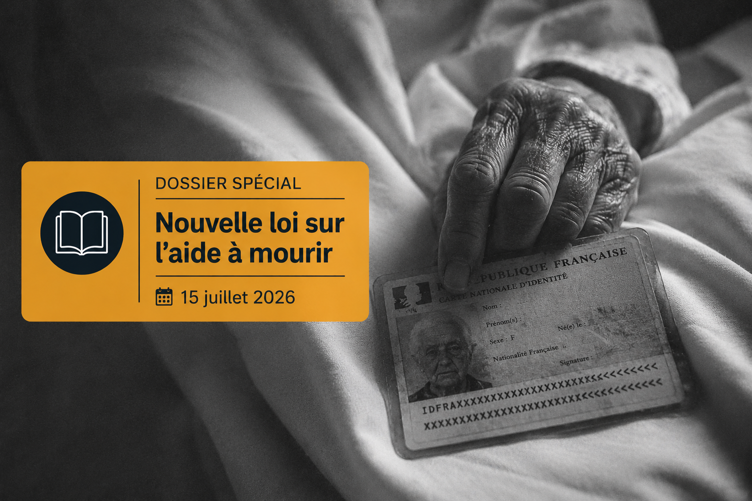 Une main ridée tenant une pièce d'identité sur un lit d'hôpital, surmontée d'un bandeau informatif sur la loi de juillet 2026.