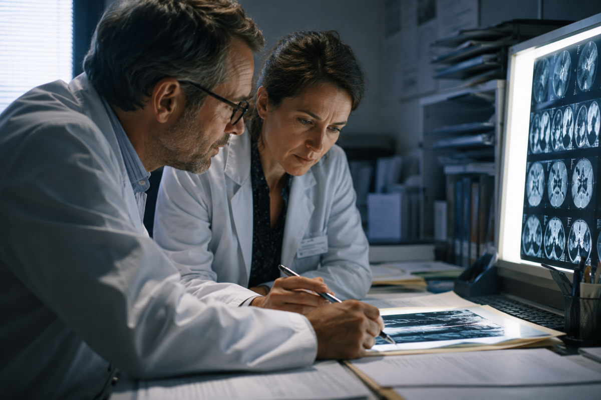 Deux médecins analysant ensemble des documents médicaux dans un bureau aux teintes froides.