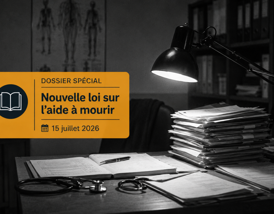 Un bureau de consultation médicale encombré de dossiers sous une lumière directe, surmonté d'un bandeau informatif sur la loi de juillet 2026.