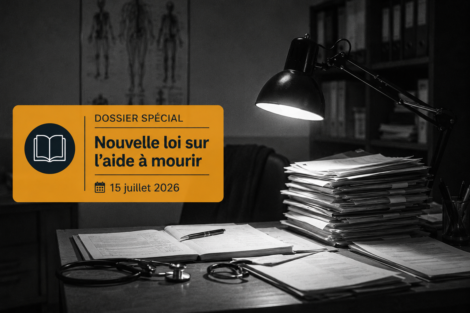 Un bureau de consultation médicale encombré de dossiers sous une lumière directe, surmonté d'un bandeau informatif sur la loi de juillet 2026.