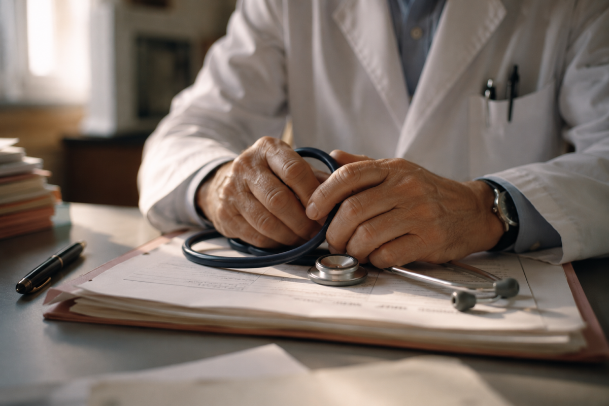 Les mains d'un praticien tenant un stéthoscope sur un dossier médical.