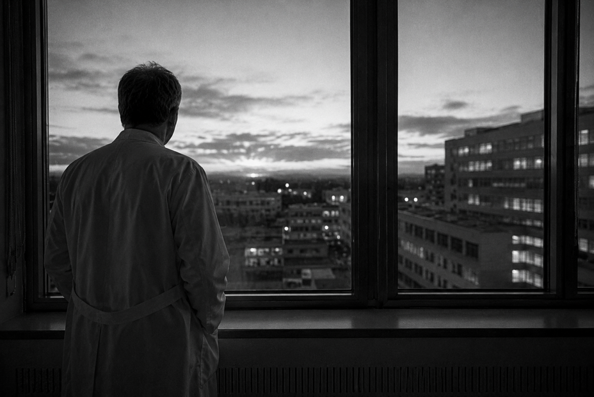 La silhouette d'un médecin regardant par la fenêtre d'un hôpital au crépuscule.