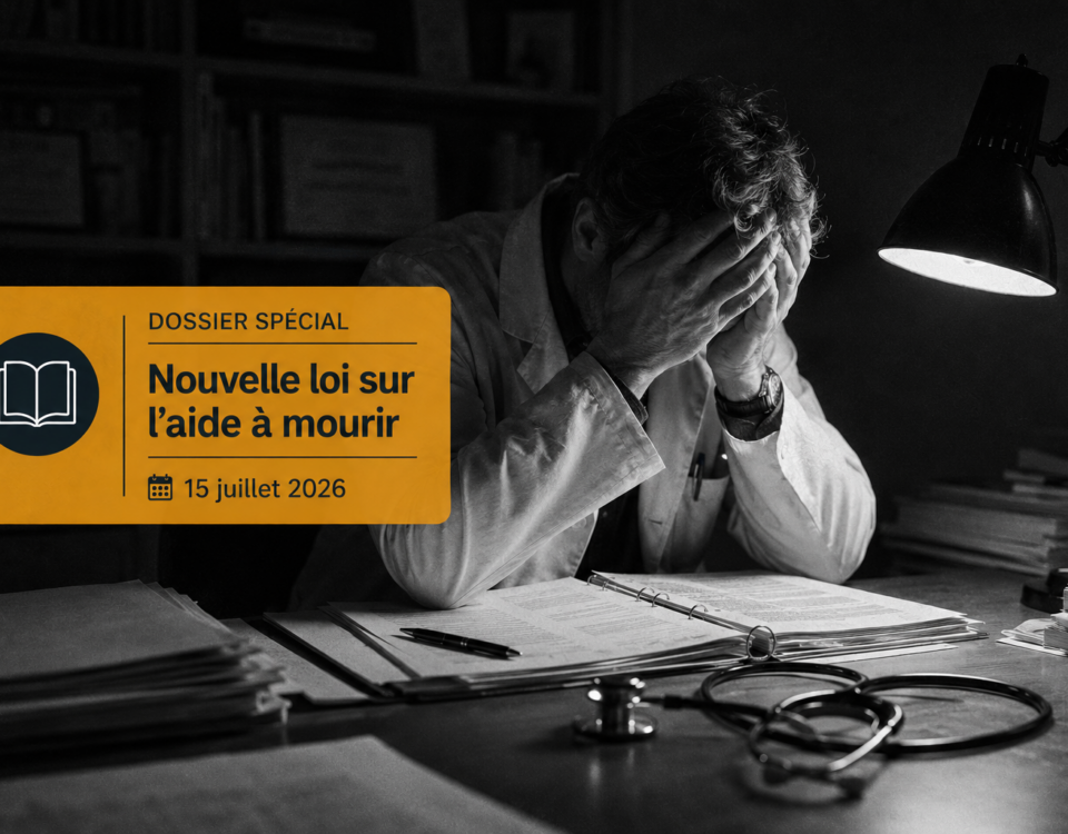 Un médecin accablé devant son bureau sous une lumière crue, surmonté d'un bandeau informatif sur la loi de juillet 2026.