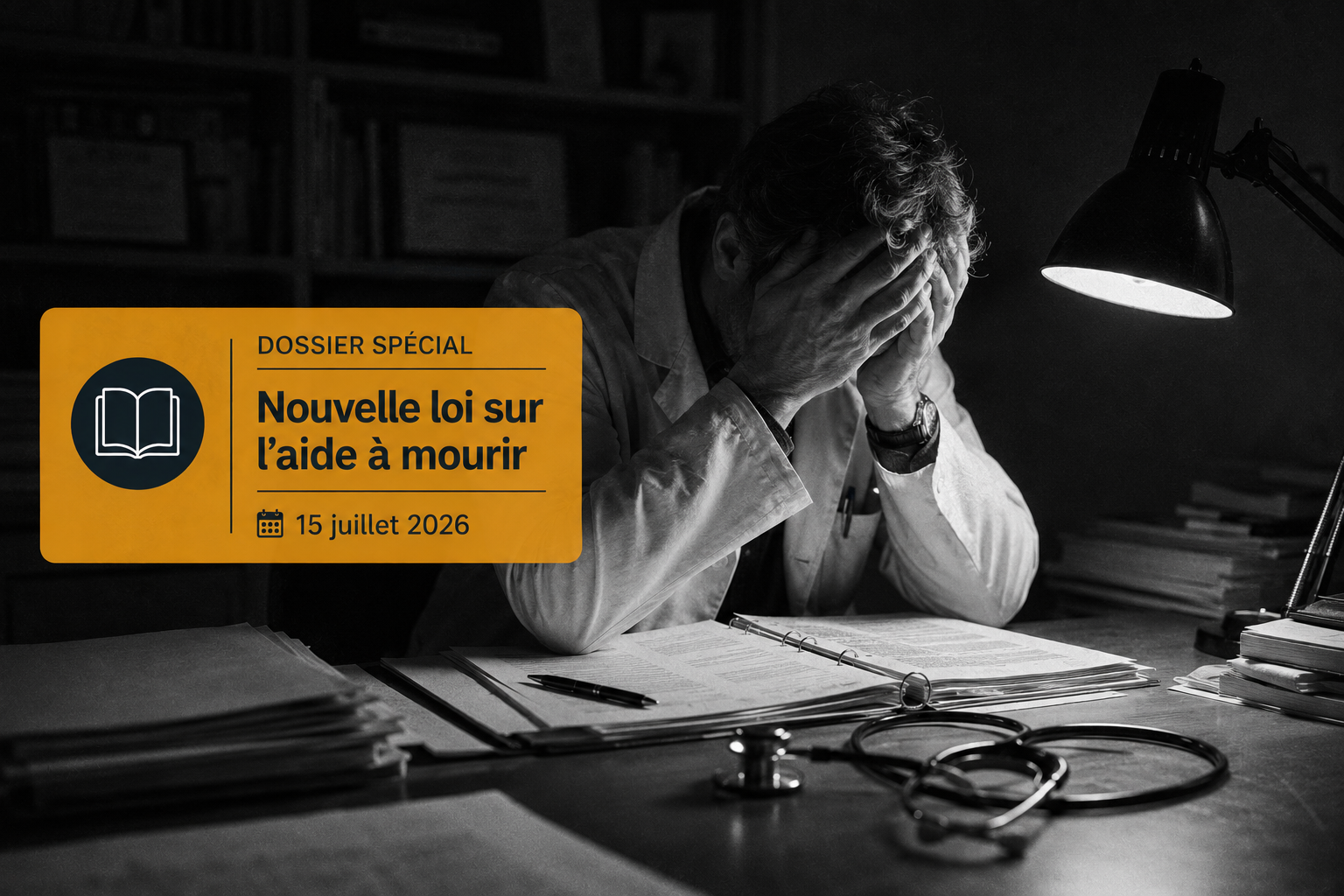 Un médecin accablé devant son bureau sous une lumière crue, surmonté d'un bandeau informatif sur la loi de juillet 2026.