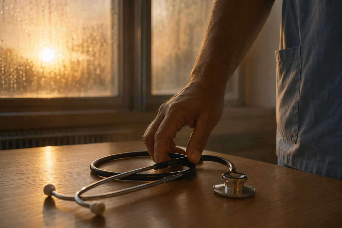 La main d'un soignant posant un stéthoscope sur un meuble en bois à la lumière du couchant.