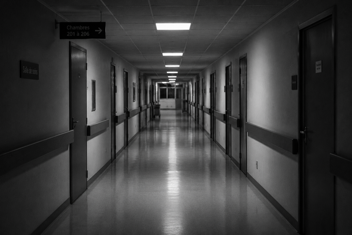 Un couloir d'hôpital désert aux portes fermées sous un éclairage fluorescent.
