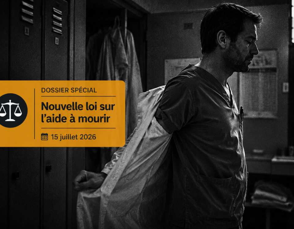 Un infirmier retirant sa blouse dans un vestiaire sous une lumière tamisée, surmonté d'un bandeau informatif sur la loi de juillet 2026.